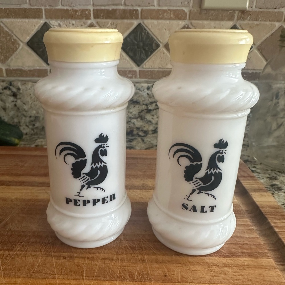 Vintage Hazel Atlas Milk Glass Rooster Salt and Pepper Shakers